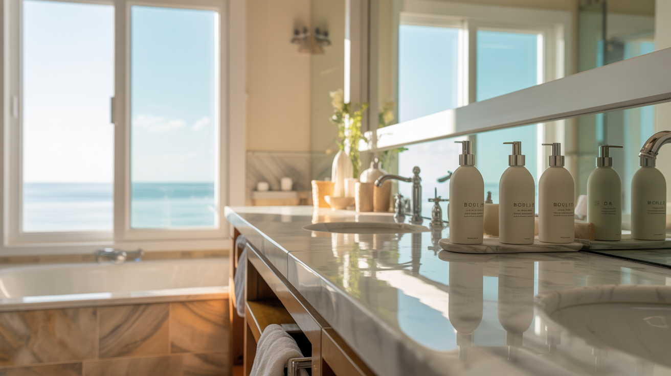 Coastal modern vacation rental bathroom with elegant amenity bottles arranged on a marble countertop
