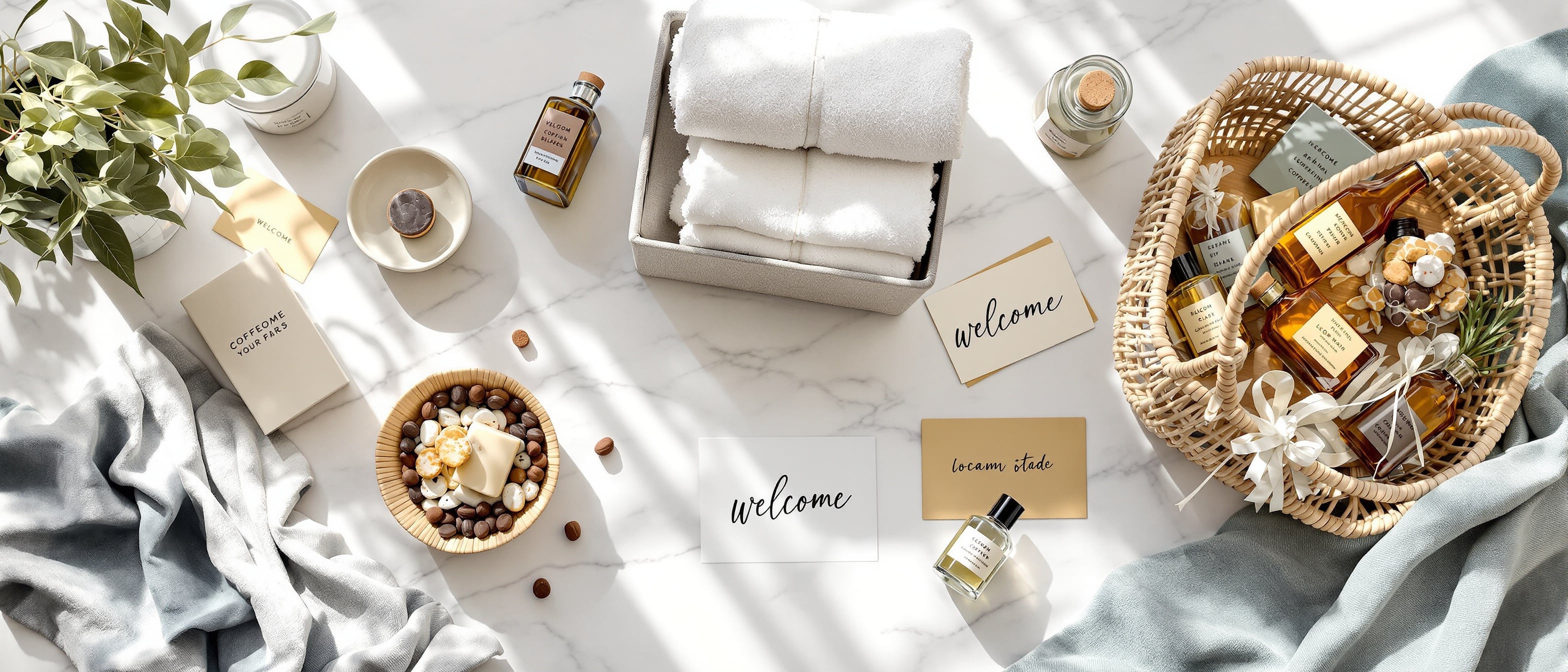 Premium guest amenity kits beautifully arranged on a marble countertop with coffee, soaps, towels, and welcome treats